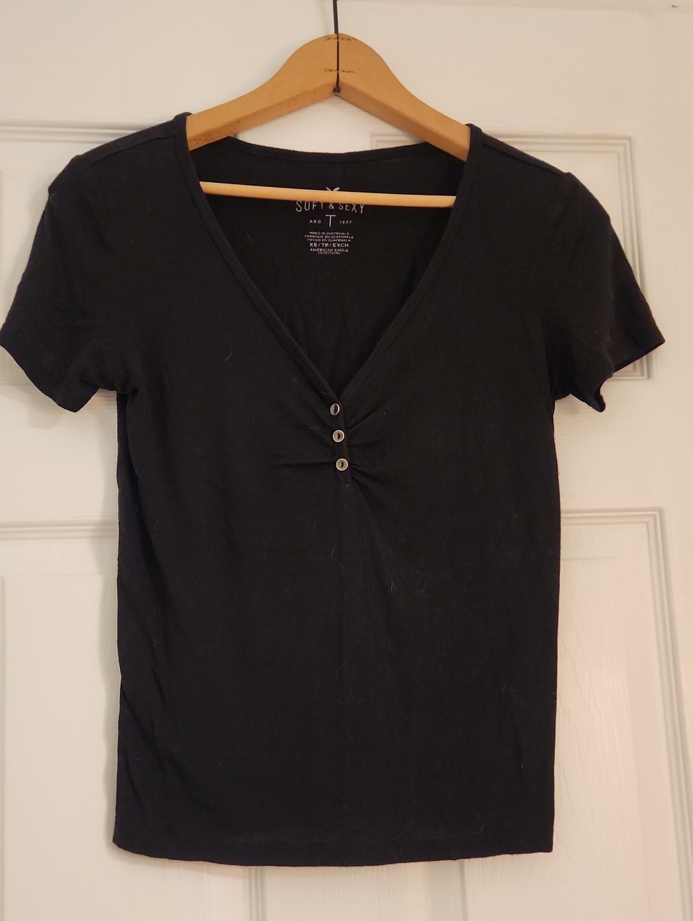 American Eagle Outfitters Black V-Neck Short Sleeve Tee with Button Detail
